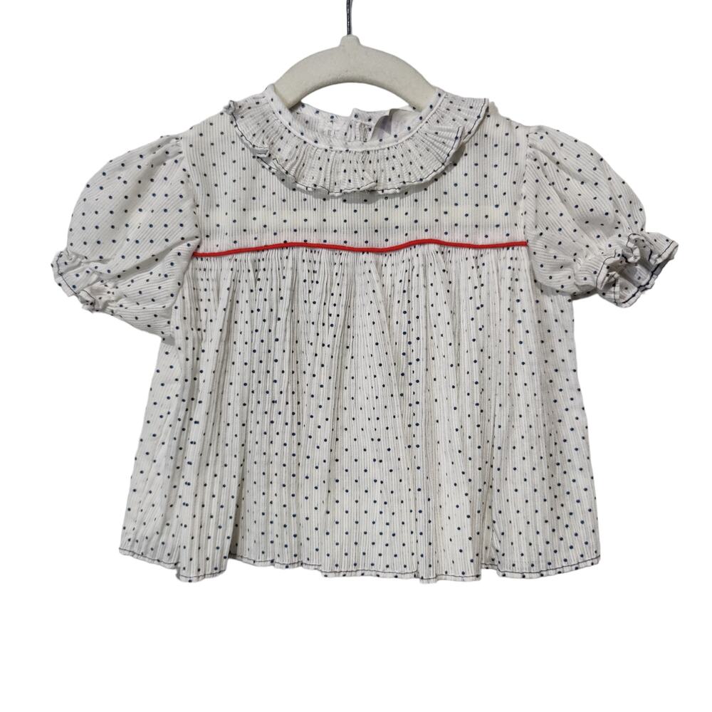 Vintage 60s 70s Baby Girls Sz 24 mos Pleated Polka Dot A Line Collared Shirt